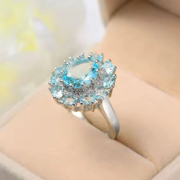 Stunning Round Aquamarine Zircon Sterling Silver Statement Ring Multi Stone New - Picture 4 of 7